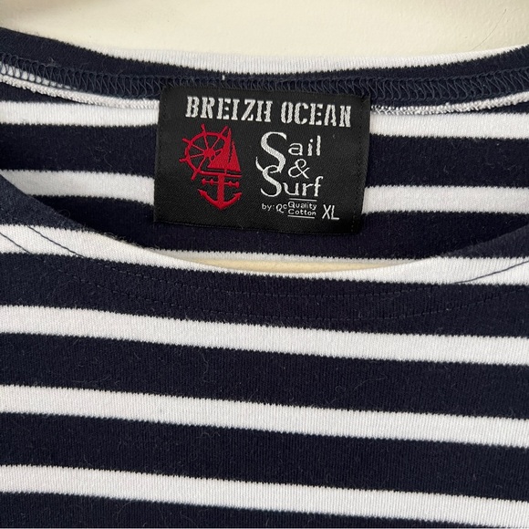 Breizh Ocean women’s XL cotton blue white stripe sailor long sleeve shirt tee - Picture 4 of 10